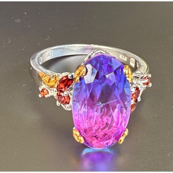 Rhodolite Garnet Silver Ring Gold Plated Accents Size 11 Oval Cut Elegant Design - Picture 2 of 8